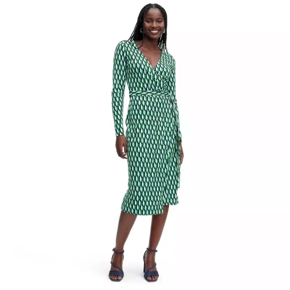 Long Sleeve Midi Arrow Geo Green Wrap Dress Diane von Furstenberg